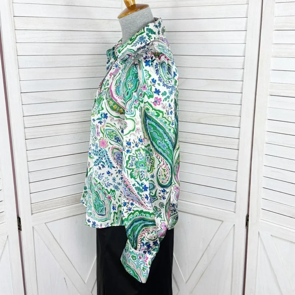 Zara Paisley Satin Button Up Blouse White Multi Small‎